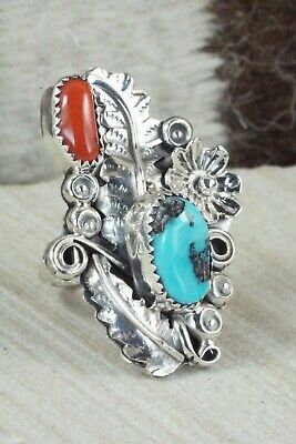 Turquoise, Coral & Sterling Silver Ring - Harry Yazzie - Size 7.5