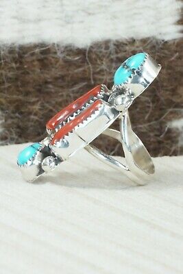 Turquoise & Coral Sterling Silver Ring - Betty House - Size 7.5
