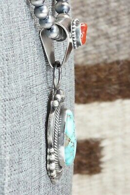 Turquoise, Coral Pendant & Sterling Silver Necklace - Tom Lewis