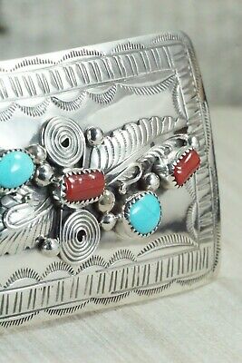 Turquoise, Coral & Sterling Silver Belt Buckle - Wilbur Myers