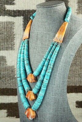 Turquoise, Spiny Oyster & Sterling Silver Necklace - Lupe Lovato