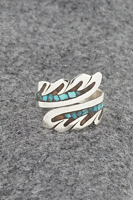 Turquoise, Coral & Sterling Silver Ring - Jolene Yazzie - Size 7.5
