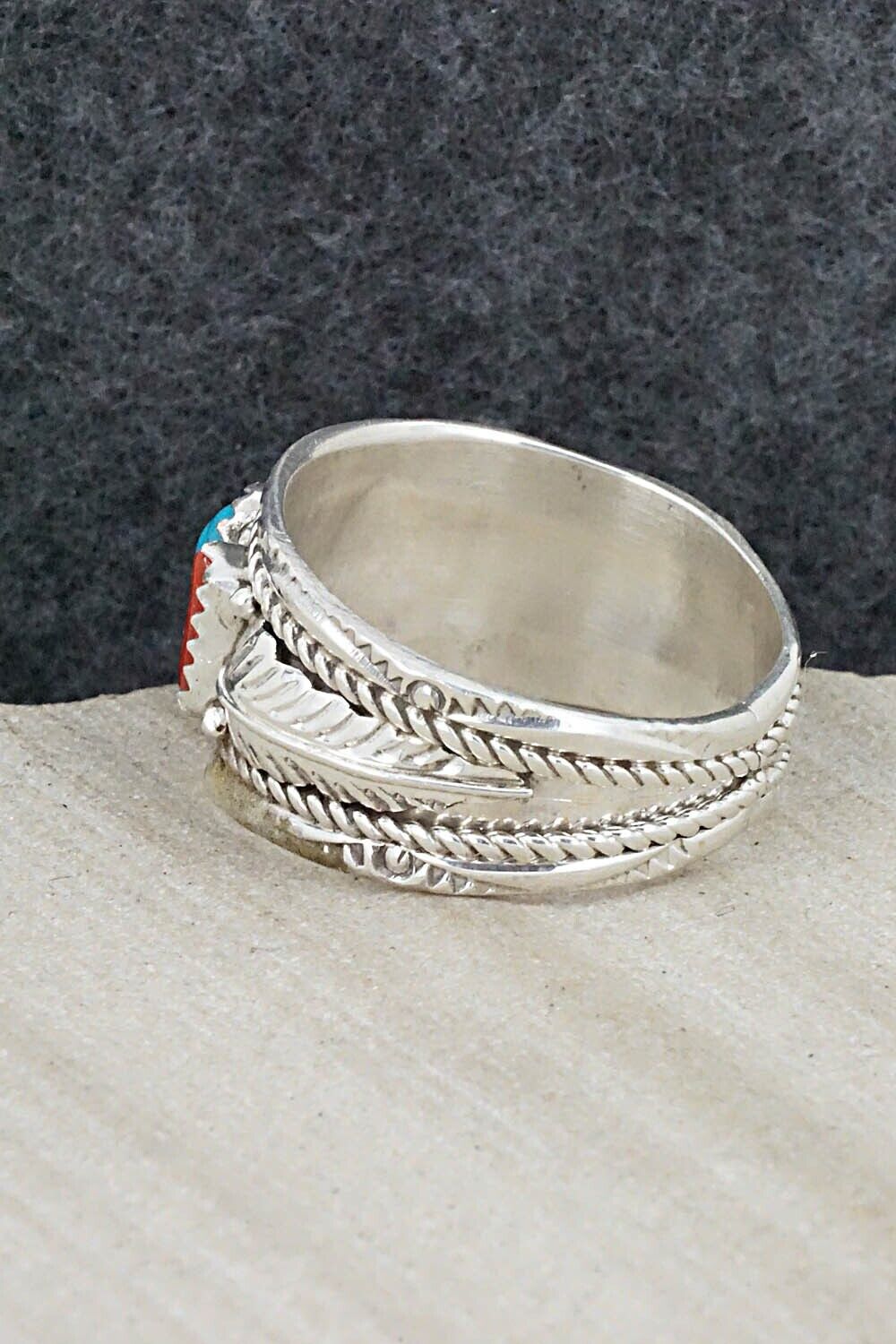 Turquoise, Coral and Sterling Silver Ring - Betty Begay - Size 12