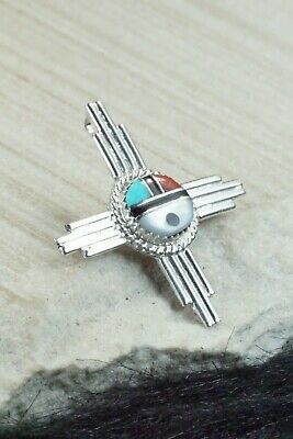 Turquoise, Coral & Sterling Silver Sun Face Pendant/ Pin - Elvira Kiyite