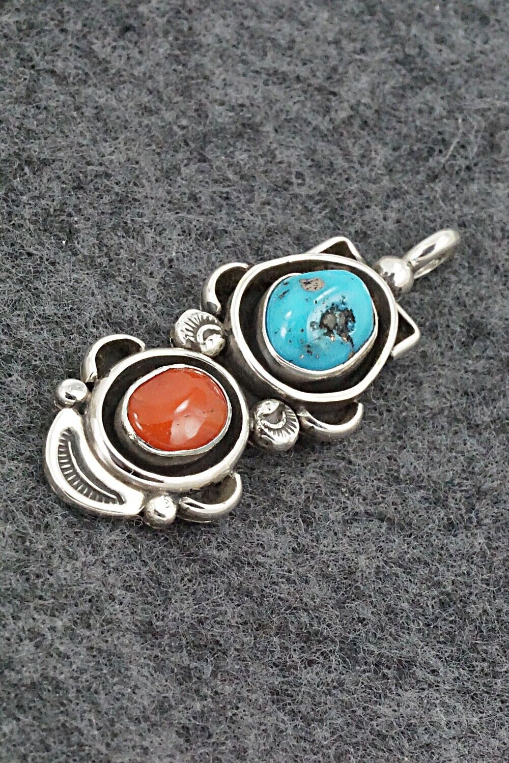 Turquoise, Coral & Sterling Silver Pendant - Roger Lewis