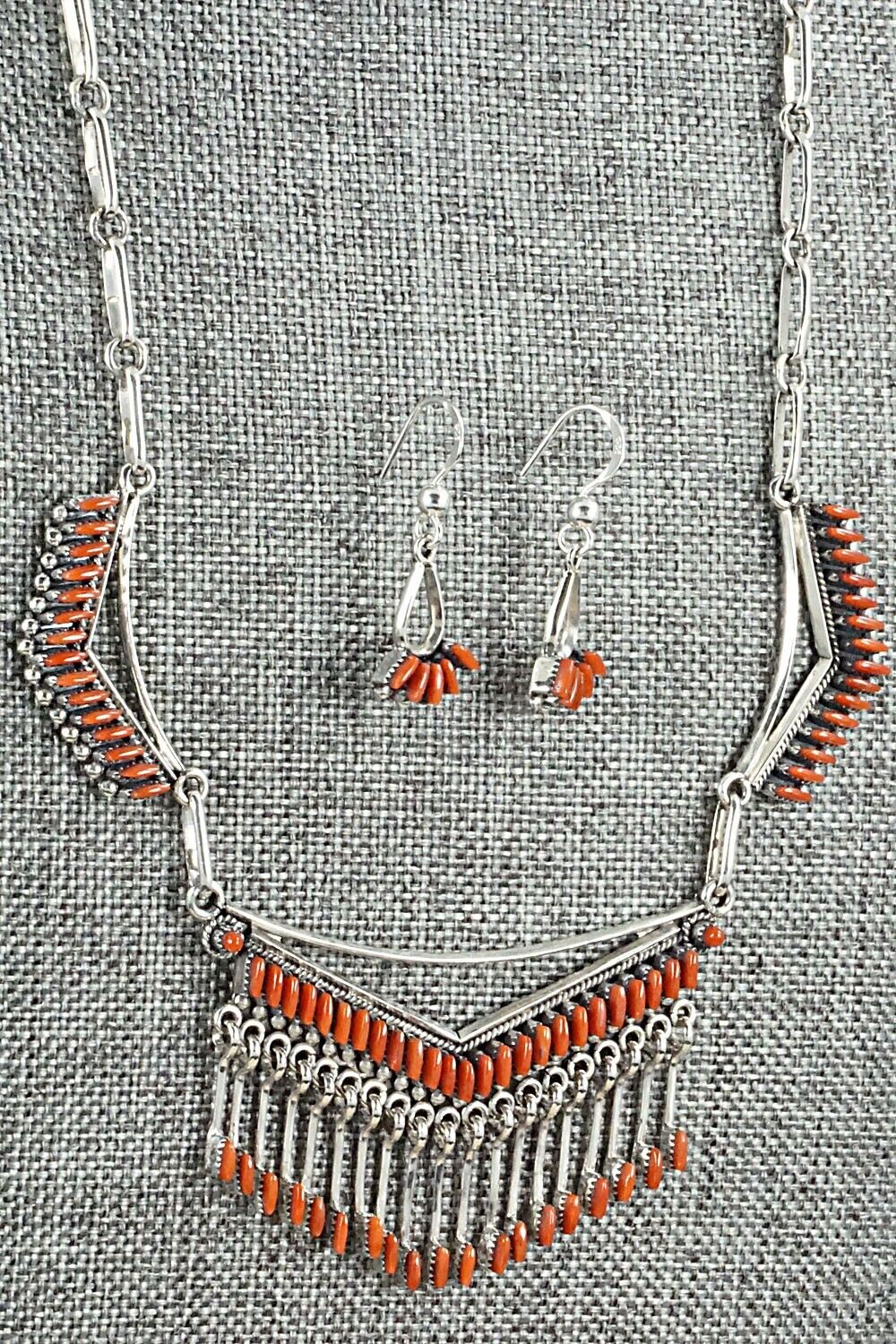 Coral & Sterling Silver Necklace and Earrings Set - Mildred Ukestine