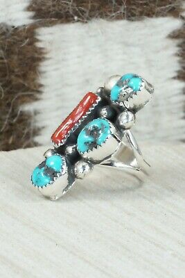 Turquoise & Coral Sterling Silver Ring - Betty House - Size 8.25