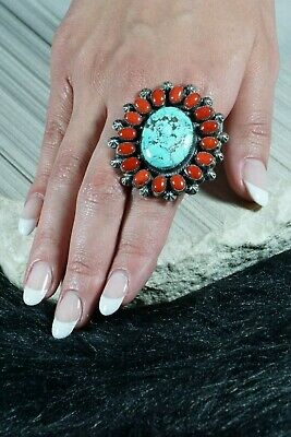 Navajo Turquoise, Coral and Silver Ring - Annie Chapo - Size 10.5 - High Lonesome Trading
