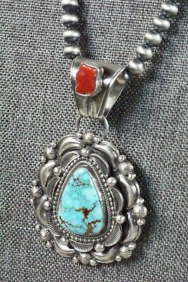 Turquoise, Coral Pendant & Sterling Silver Necklace - Tom Lewis