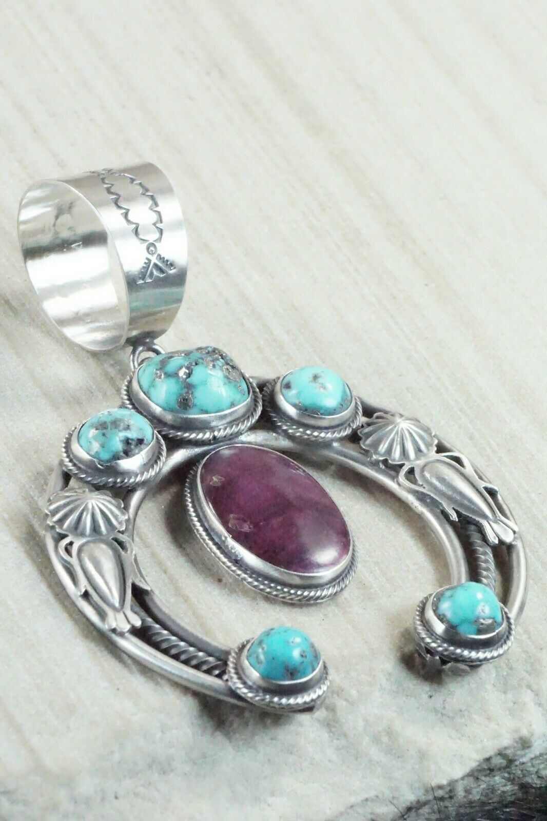 Turquoise, Spiny Oyster & Sterling Silver Naja Pendant - Raymond Delgarito