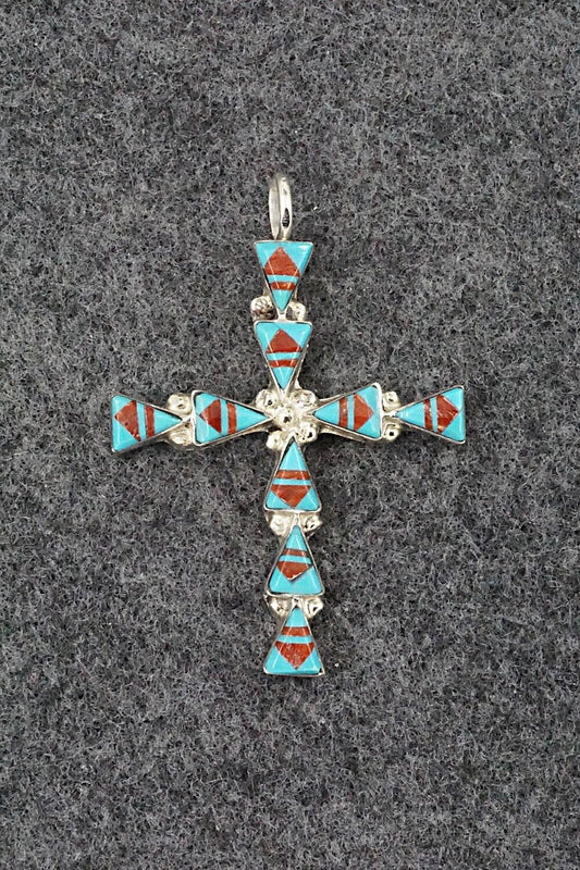 Coral, Turquoise & Sterling Silver Pendant - Francine Chapito