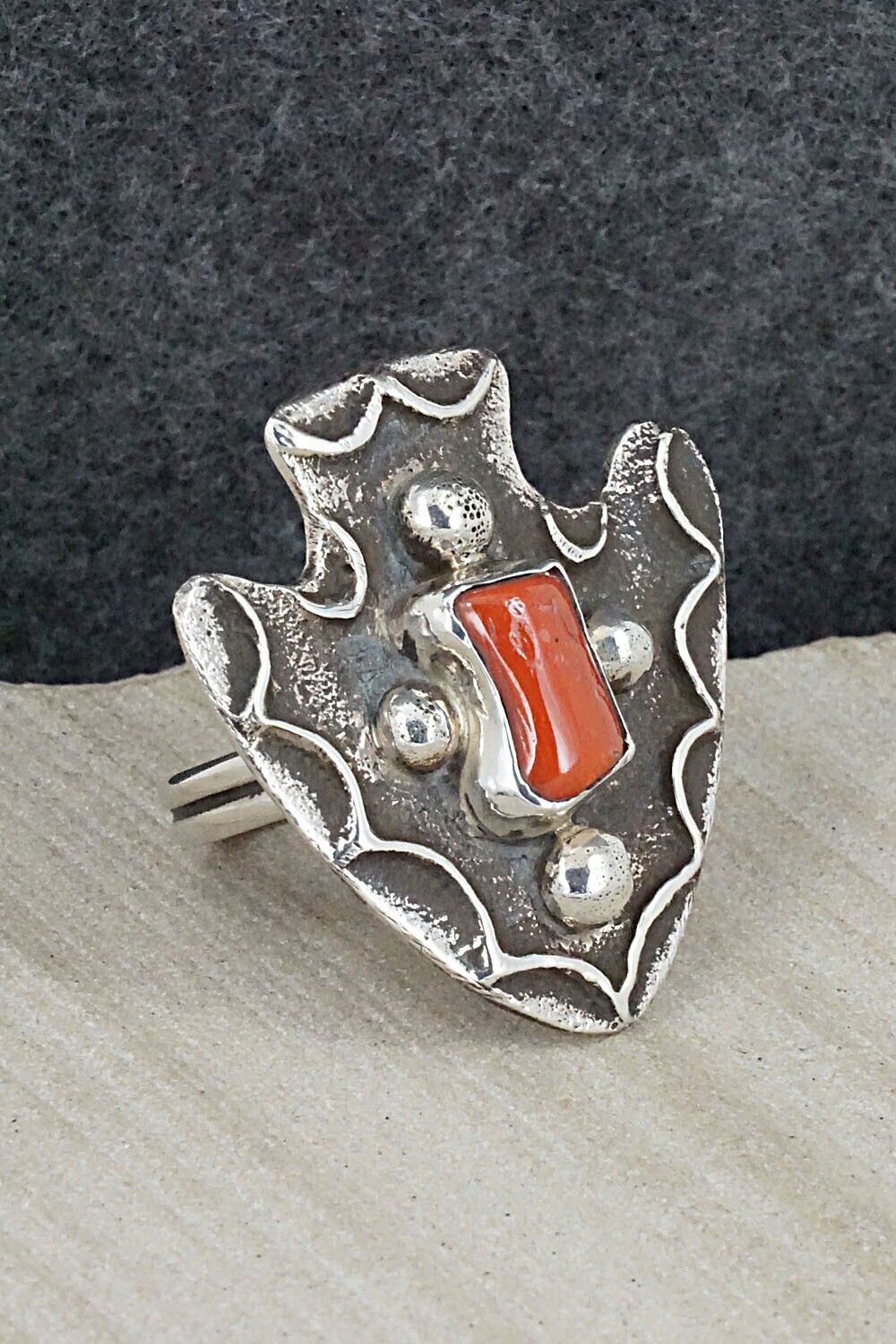 Coral & Sterling Silver Ring - Delbert Arviso - Size 8.25