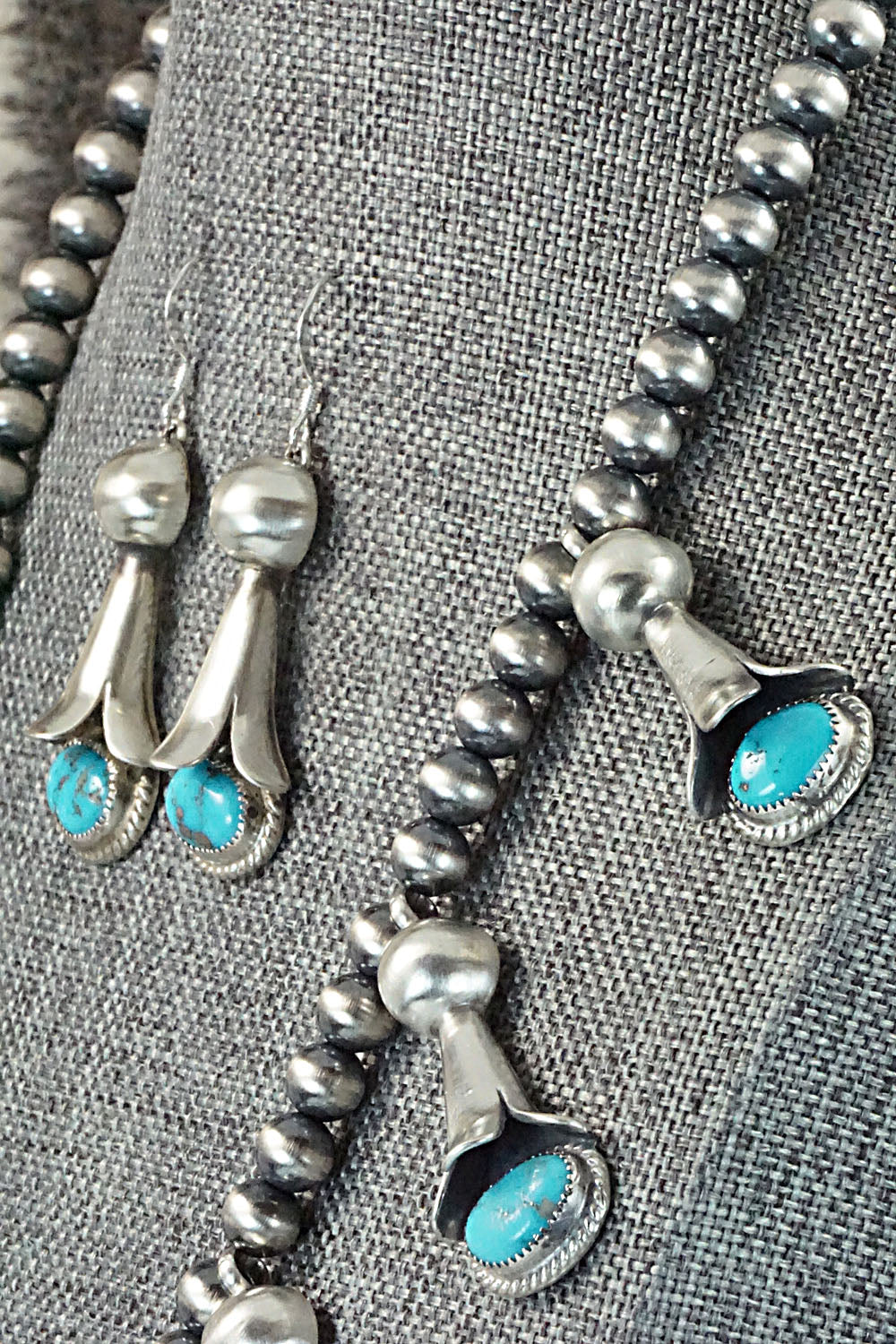 Turquoise & Sterling Silver Squash Blossom Necklace and Earrings - Derrick Gordon Jr.