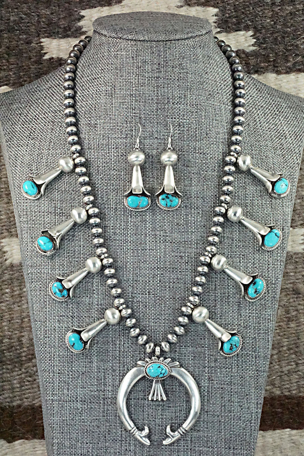 Turquoise & Sterling Silver Squash Blossom Necklace and Earrings - Derrick Gordon Jr.