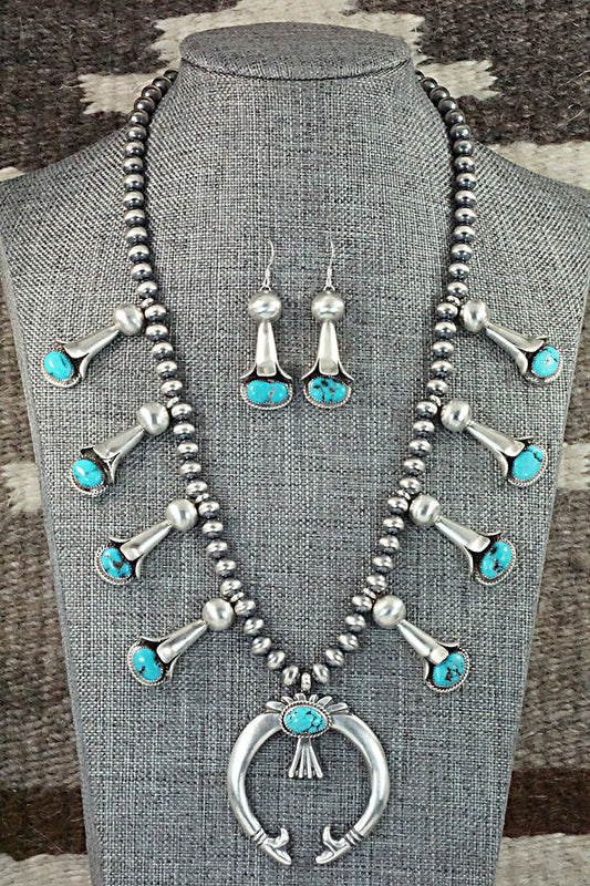 Turquoise & Sterling Silver Squash Blossom Necklace and Earrings - Derrick Gordon Jr.