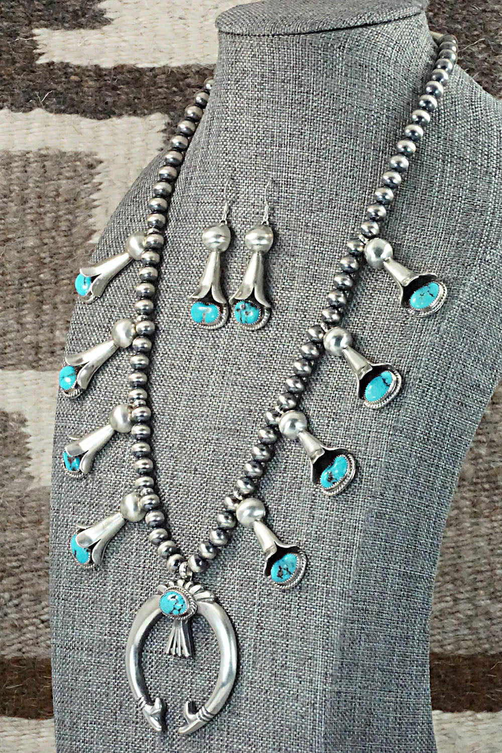 Turquoise & Sterling Silver Squash Blossom Necklace and Earrings - Derrick Gordon Jr.