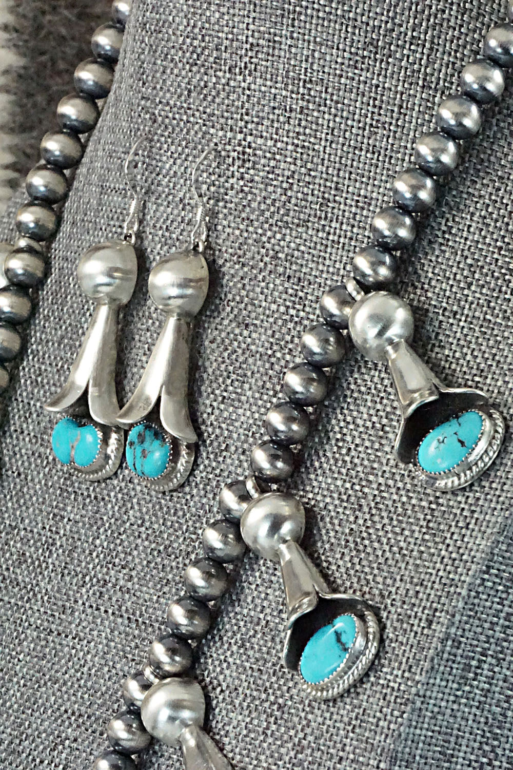 Turquoise & Sterling Silver Squash Blossom Necklace and Earrings - Derrick Gordon Jr.