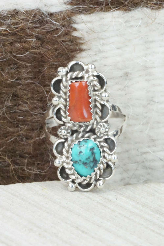 Turquoise, Coral & Sterling Silver Ring - Freida Martinez - Size 6.75