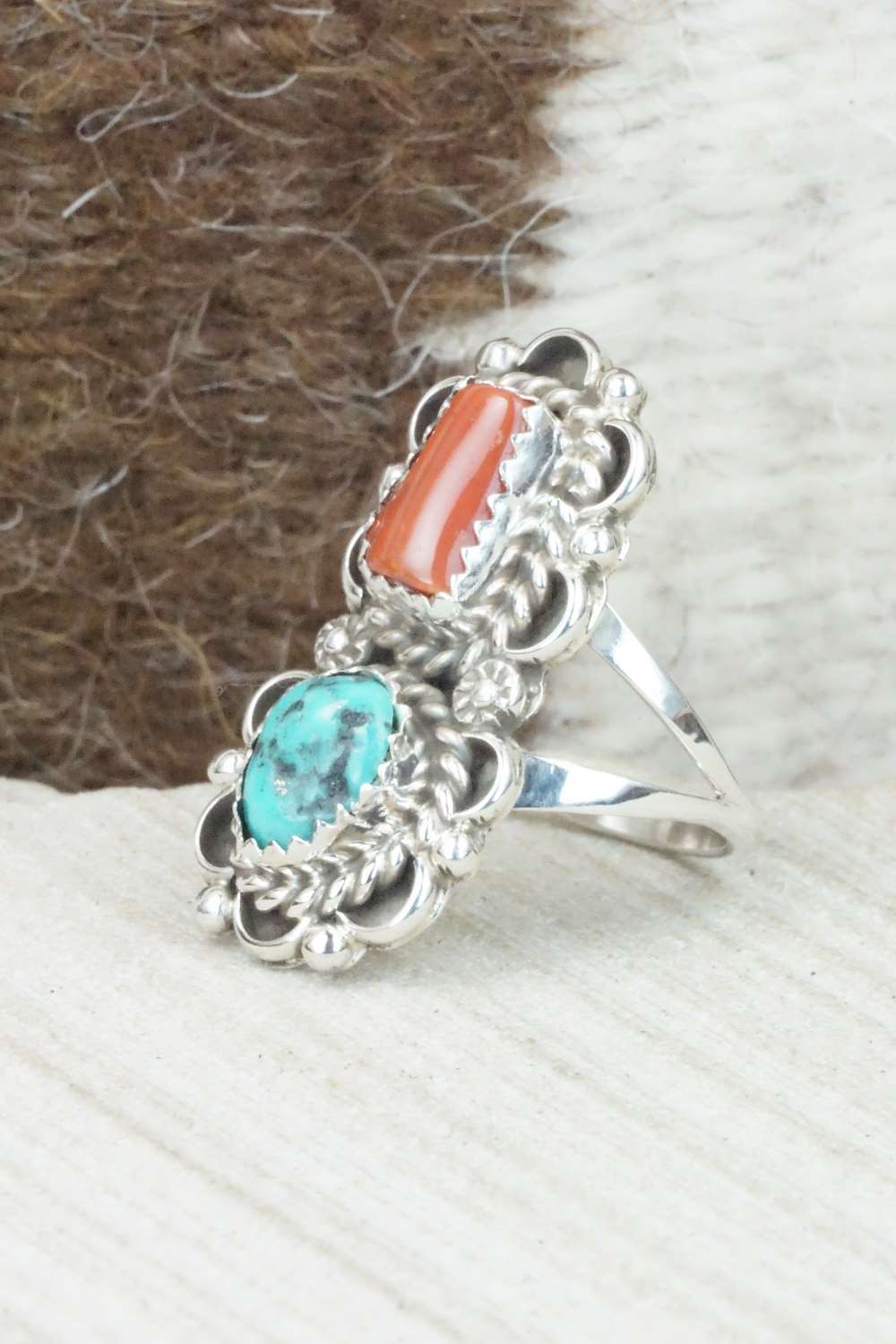Turquoise, Coral & Sterling Silver Ring - Freida Martinez - Size 6.75