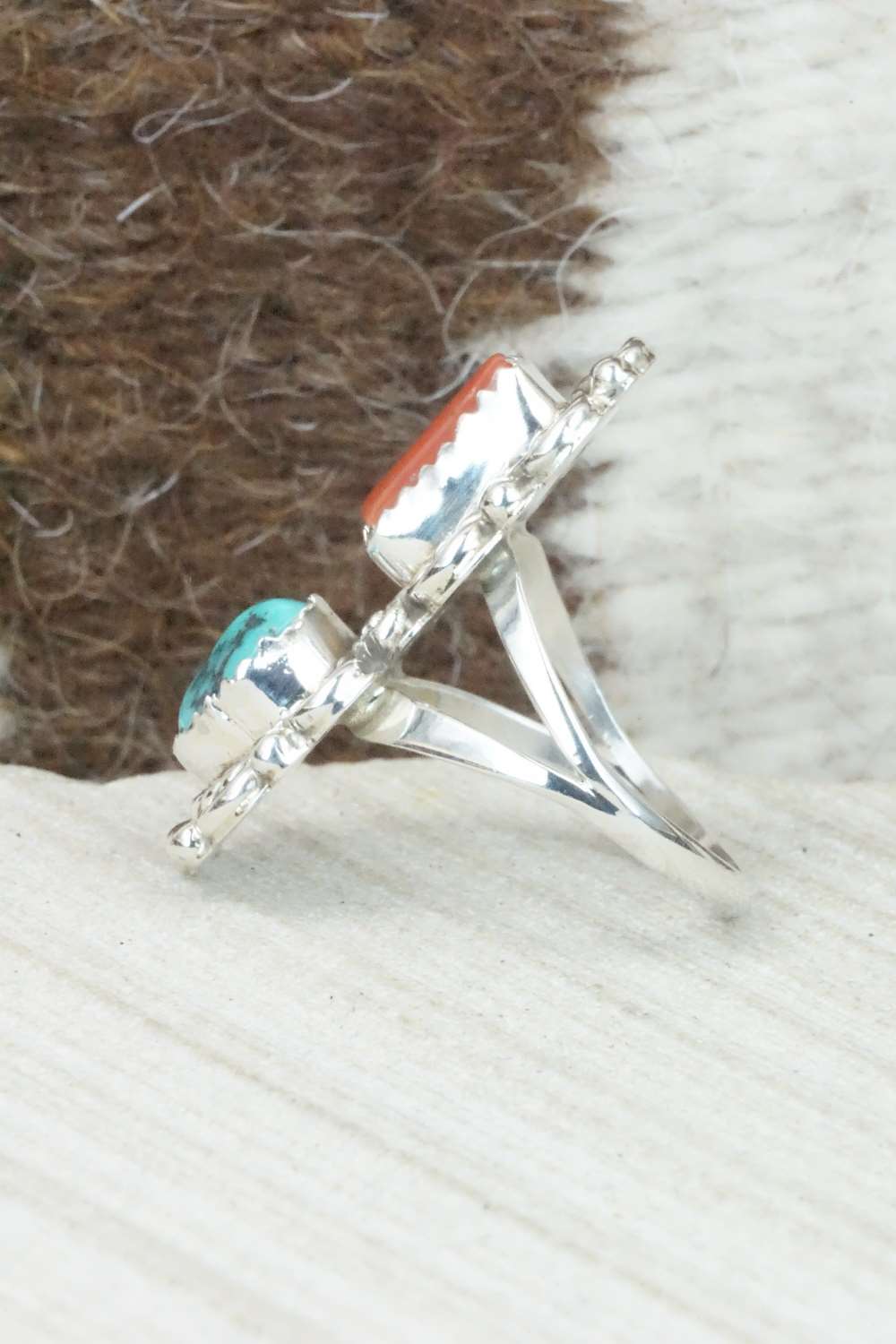 Turquoise, Coral & Sterling Silver Ring - Freida Martinez - Size 6.75