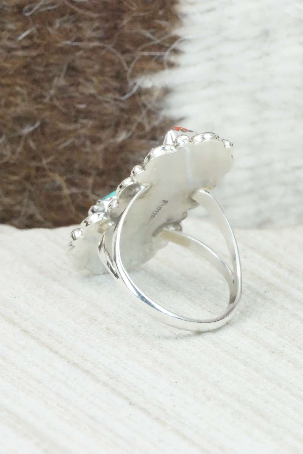 Turquoise, Coral & Sterling Silver Ring - Freida Martinez - Size 6.75