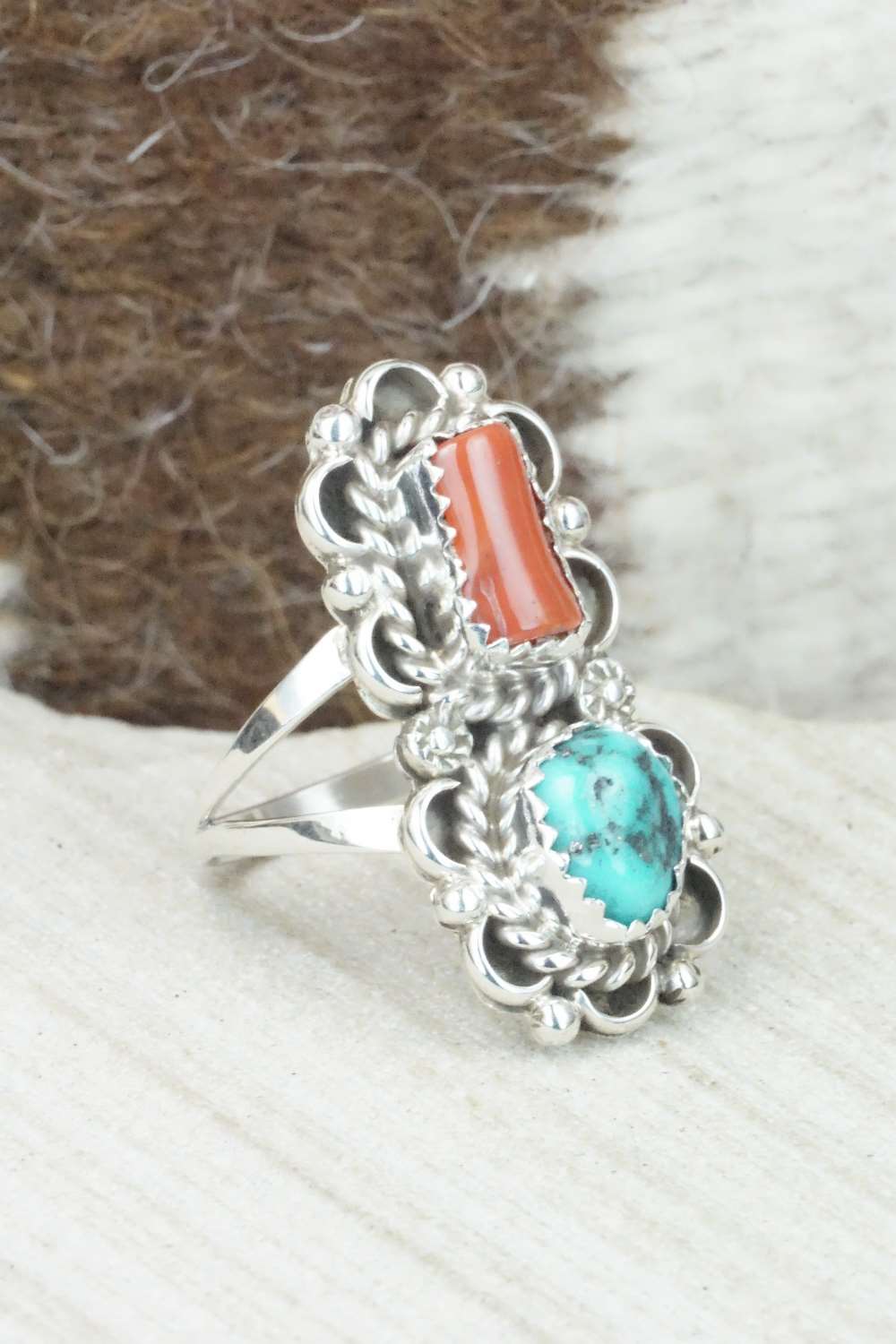 Turquoise, Coral & Sterling Silver Ring - Freida Martinez - Size 6.75