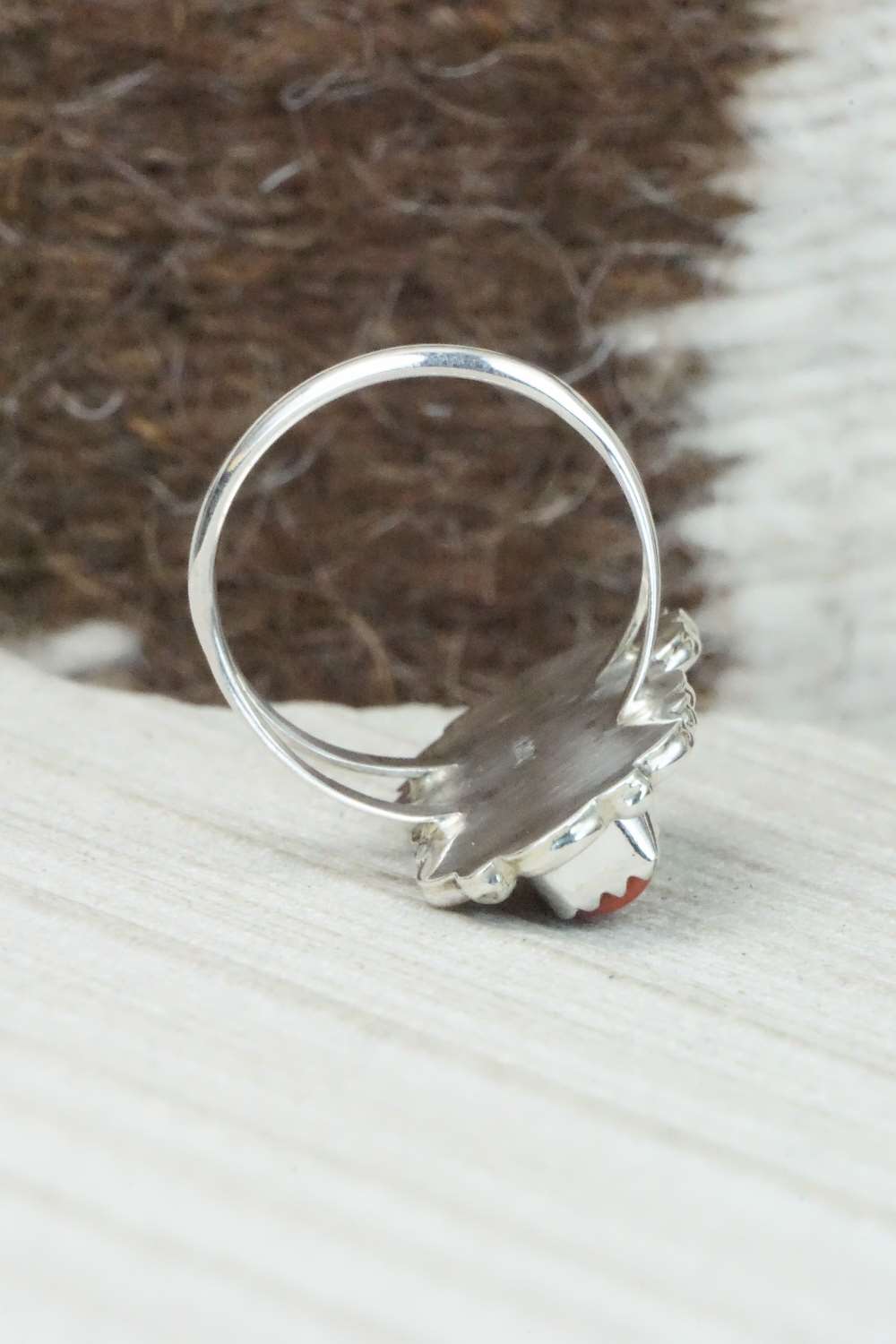 Turquoise, Coral & Sterling Silver Ring - Freida Martinez - Size 6.75