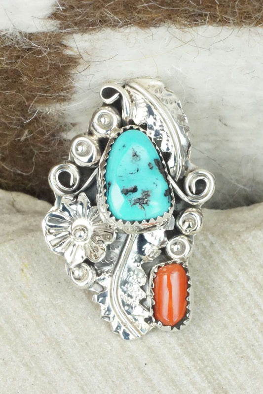 Turquoise, Coral & Sterling Silver Ring - Harry Yazzie - Size 8.75
