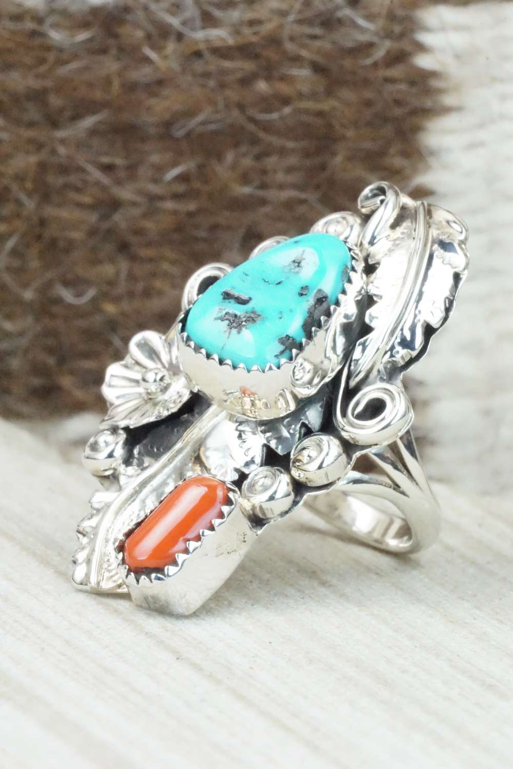Turquoise, Coral & Sterling Silver Ring - Harry Yazzie - Size 8.75