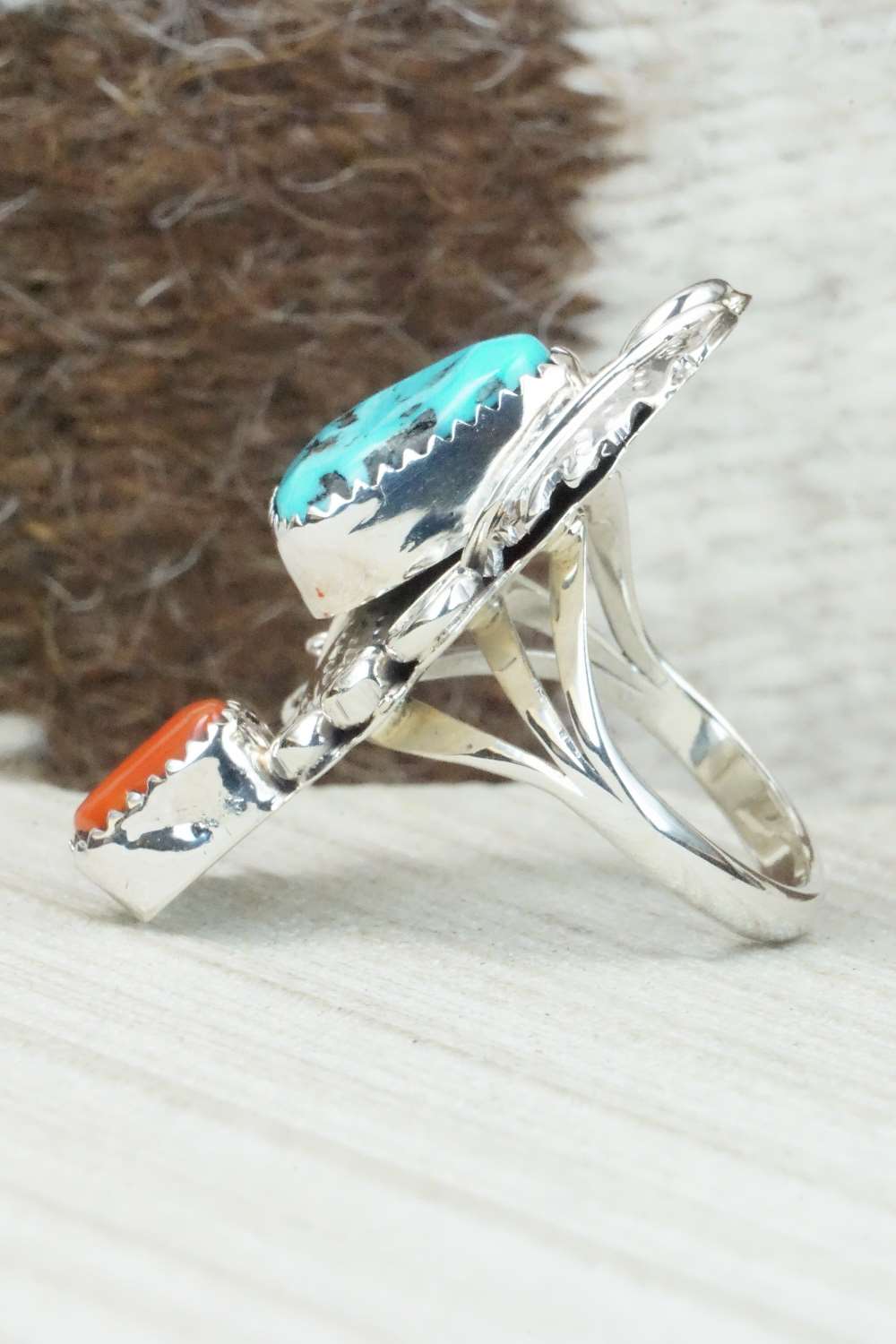 Turquoise, Coral & Sterling Silver Ring - Harry Yazzie - Size 8.75