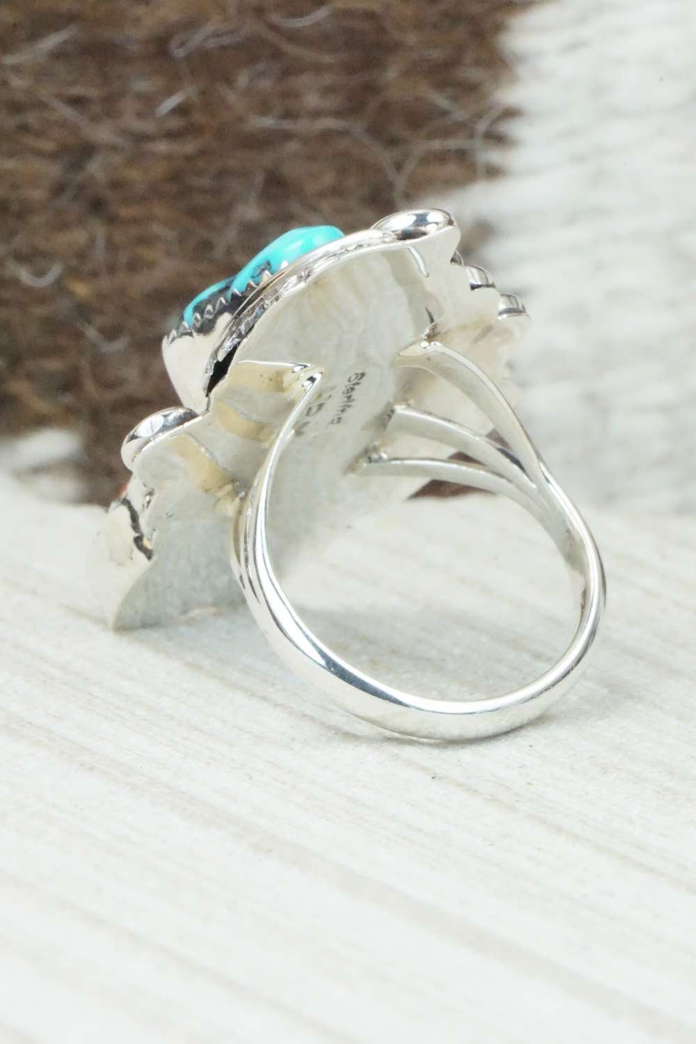 Turquoise, Coral & Sterling Silver Ring - Harry Yazzie - Size 8.75