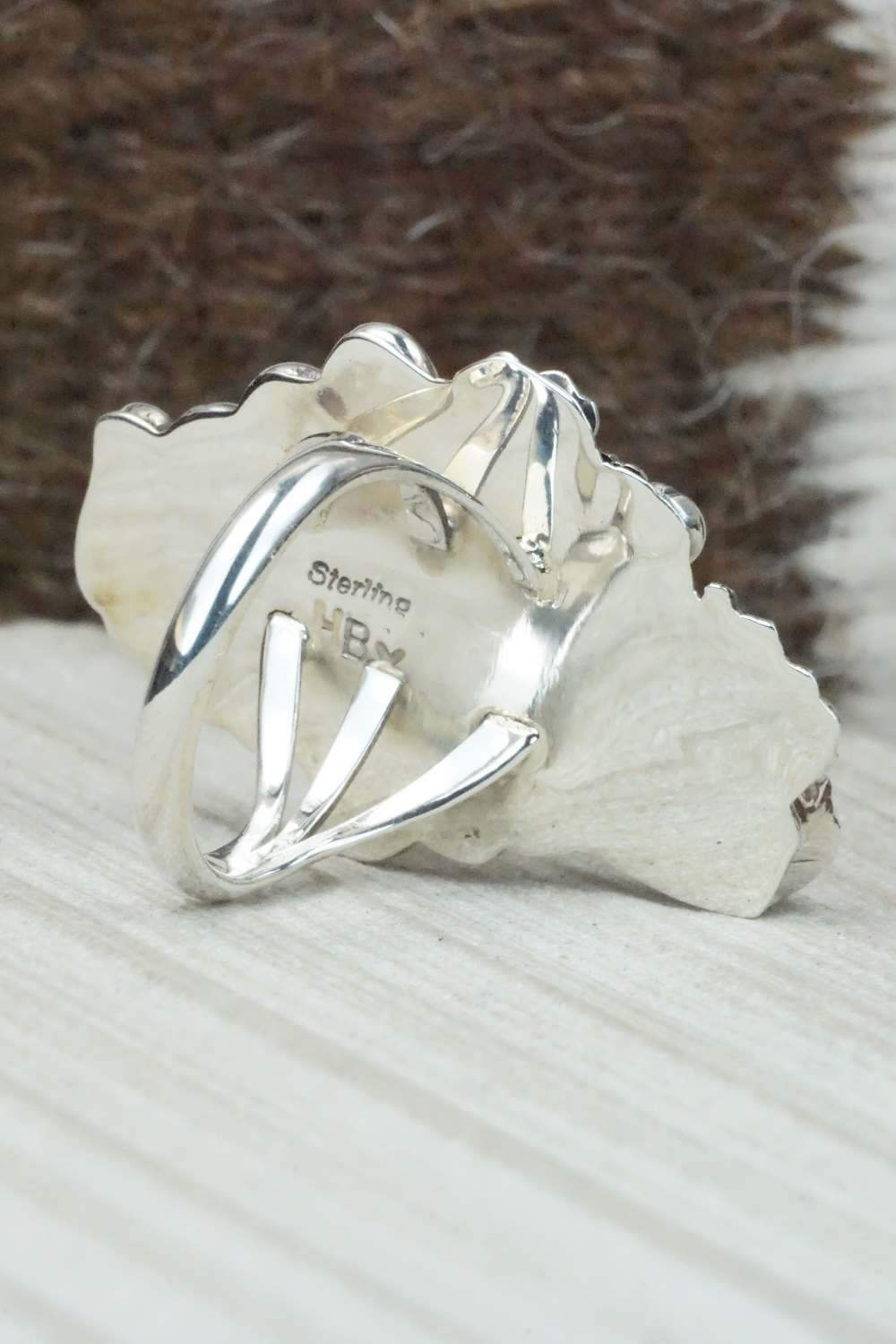 Turquoise, Coral & Sterling Silver Ring - Harry Yazzie - Size 8.75