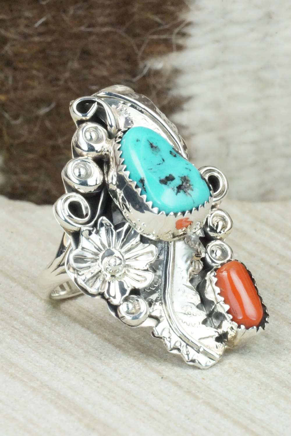 Turquoise, Coral & Sterling Silver Ring - Harry Yazzie - Size 8.75