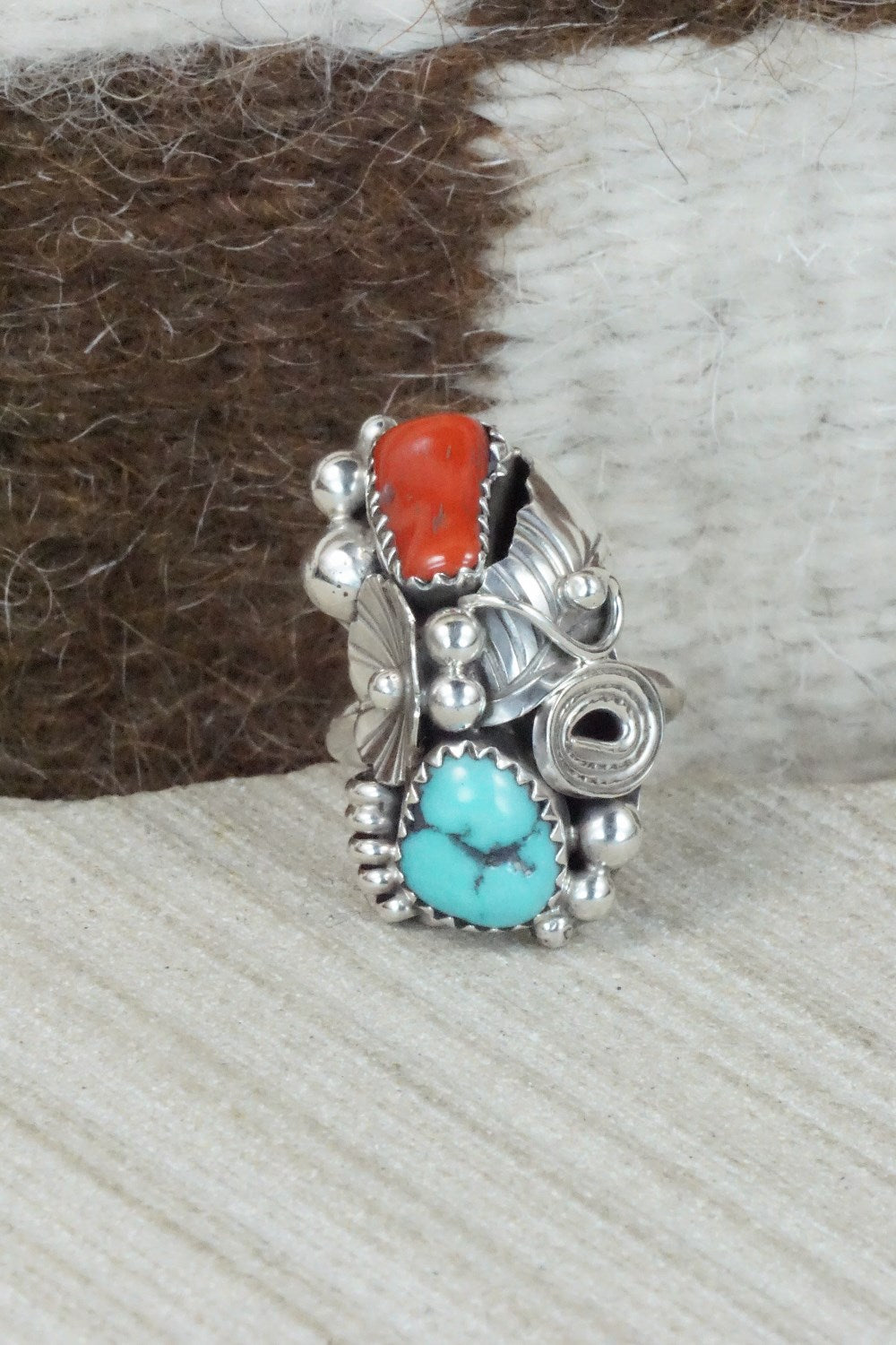Turquoise, Coral & Sterling Silver Ring - Max Calladitto - Size 5.5