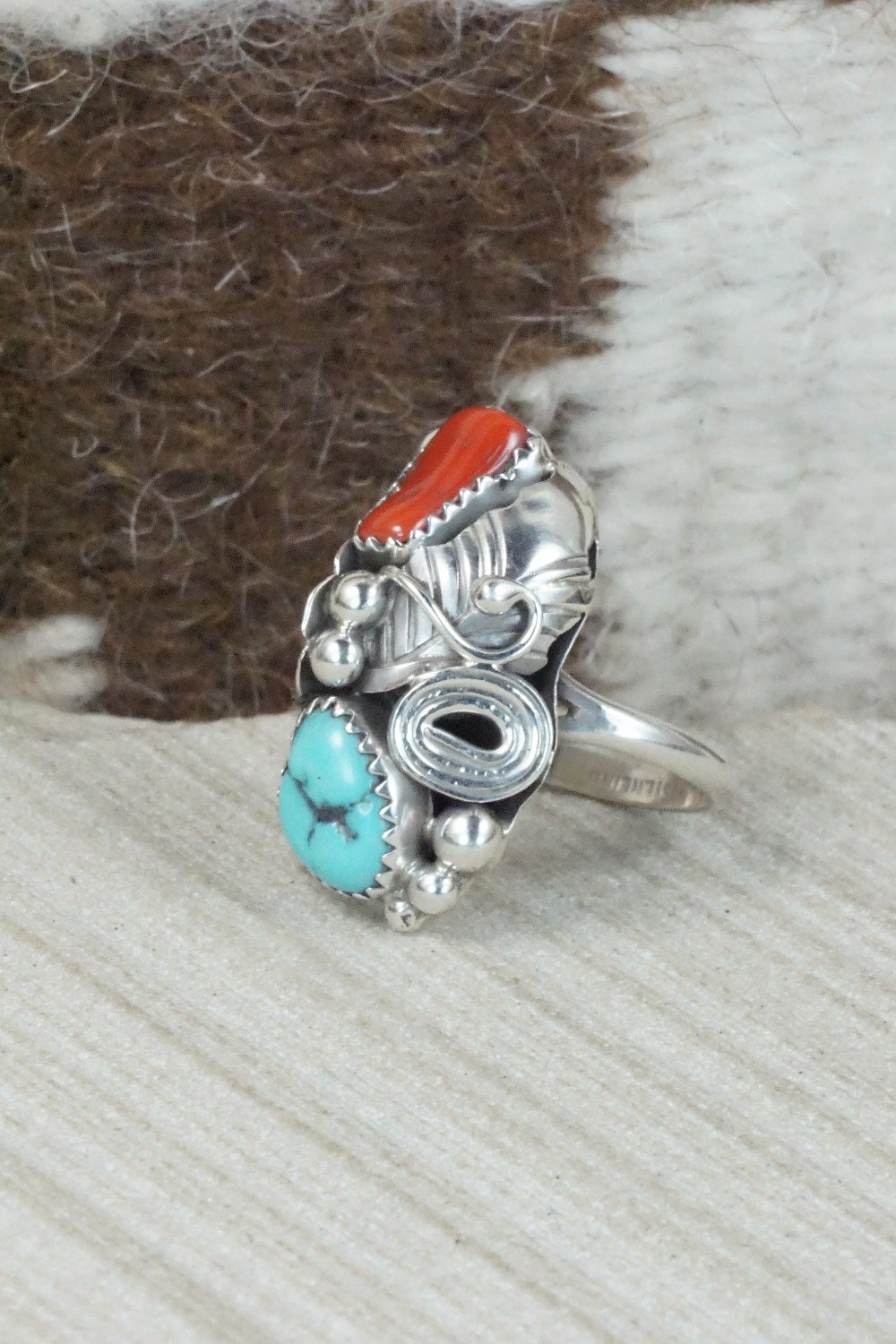 Turquoise, Coral & Sterling Silver Ring - Max Calladitto - Size 5.5
