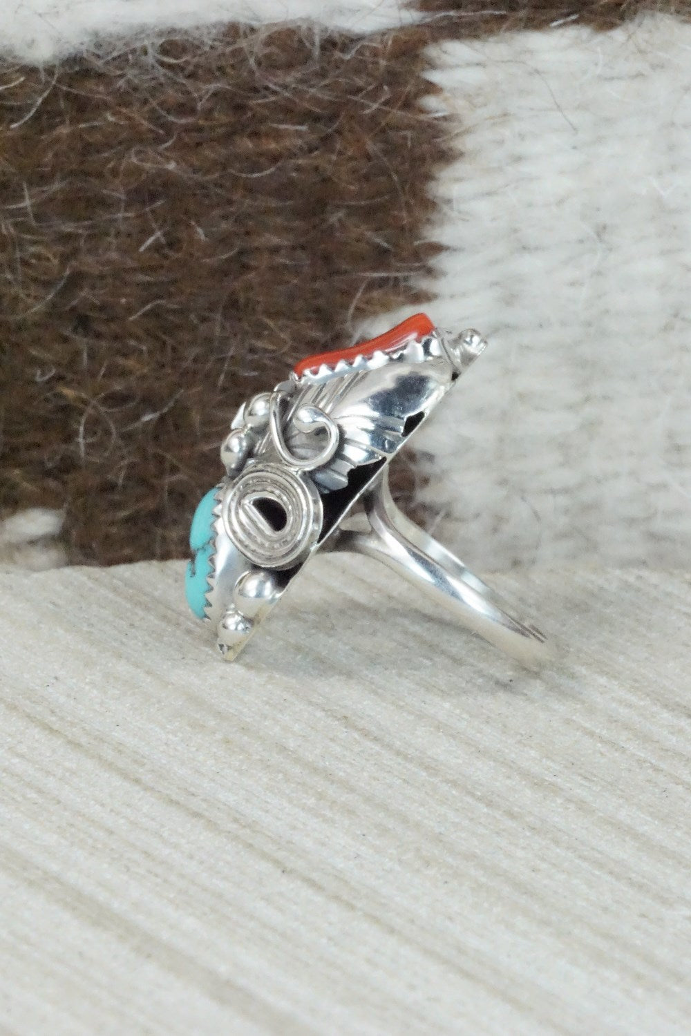 Turquoise, Coral & Sterling Silver Ring - Max Calladitto - Size 5.5