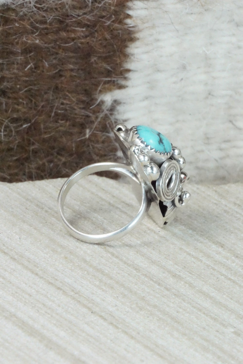 Turquoise, Coral & Sterling Silver Ring - Max Calladitto - Size 5.5