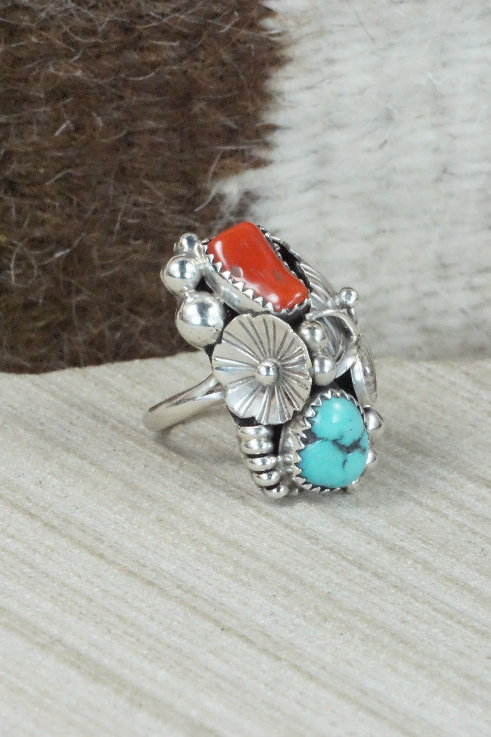 Turquoise, Coral & Sterling Silver Ring - Max Calladitto - Size 5.5