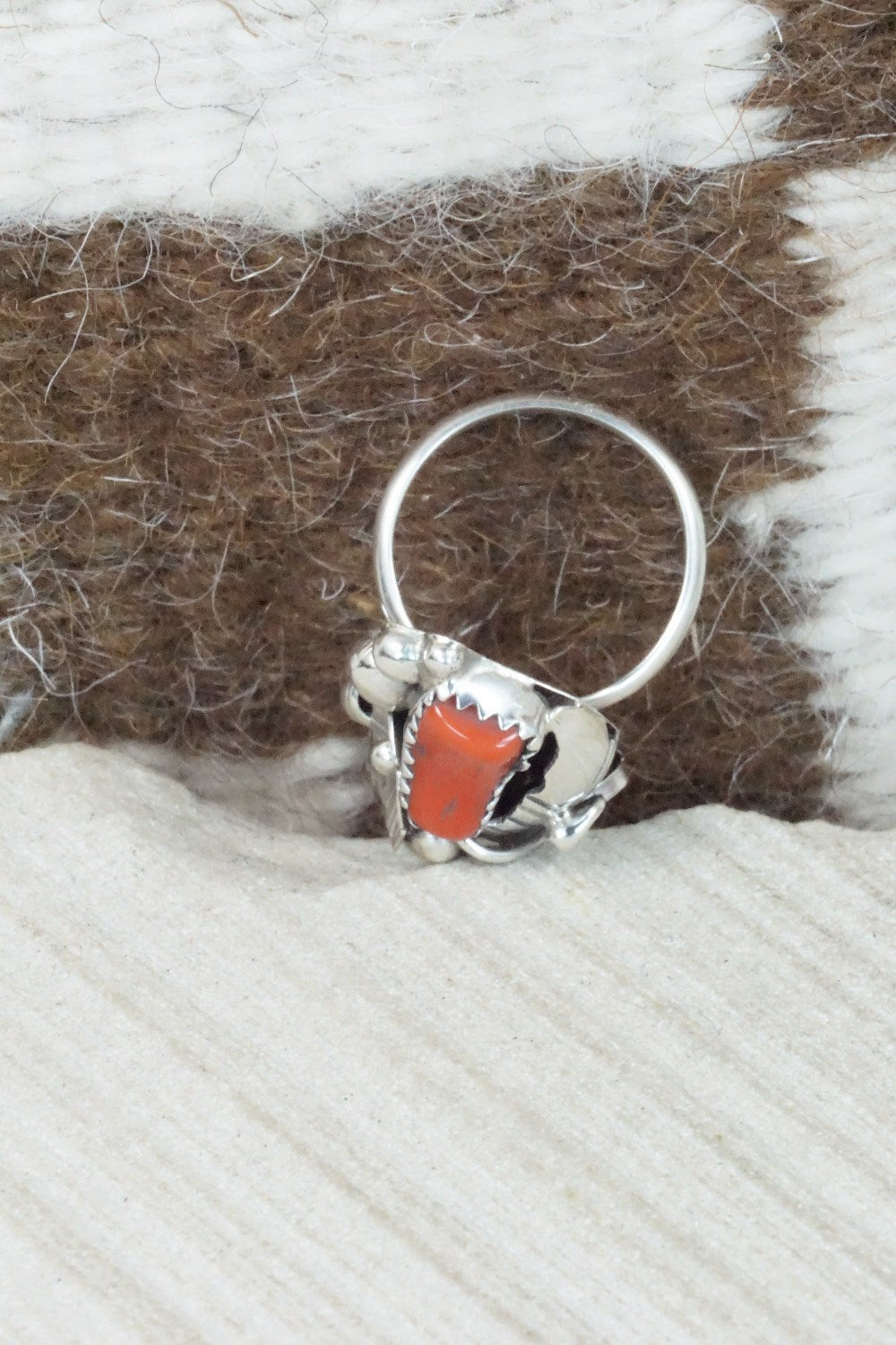 Turquoise, Coral & Sterling Silver Ring - Max Calladitto - Size 5.5