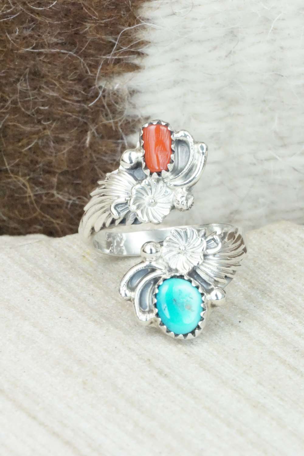 Turquoise, Coral & Sterling Silver Ring - Etta Belin - Size 7.25
