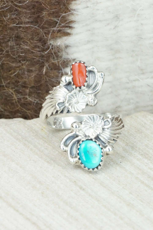 Turquoise, Coral & Sterling Silver Ring - Etta Belin - Size 7.25