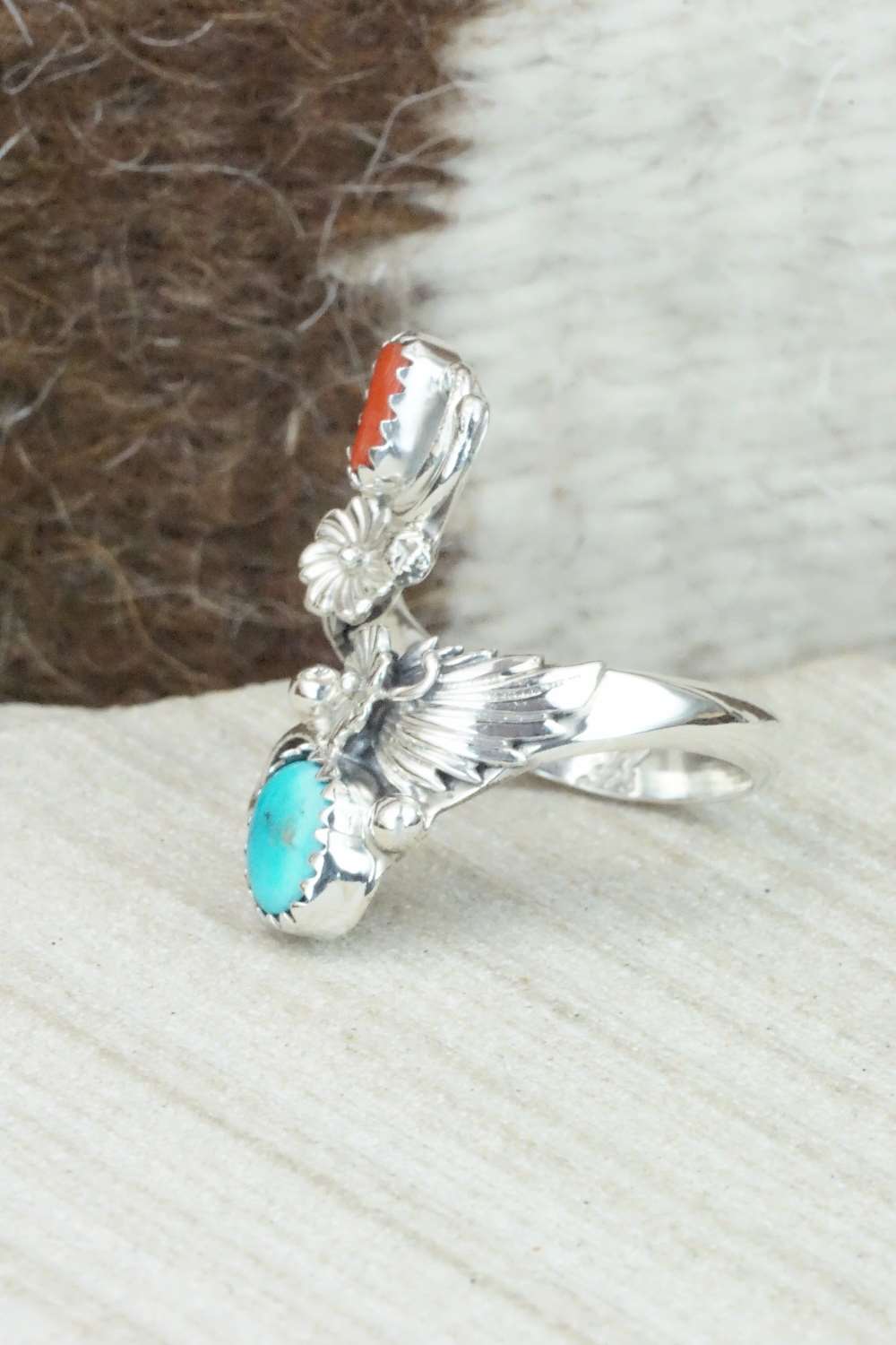 Turquoise, Coral & Sterling Silver Ring - Etta Belin - Size 7.25