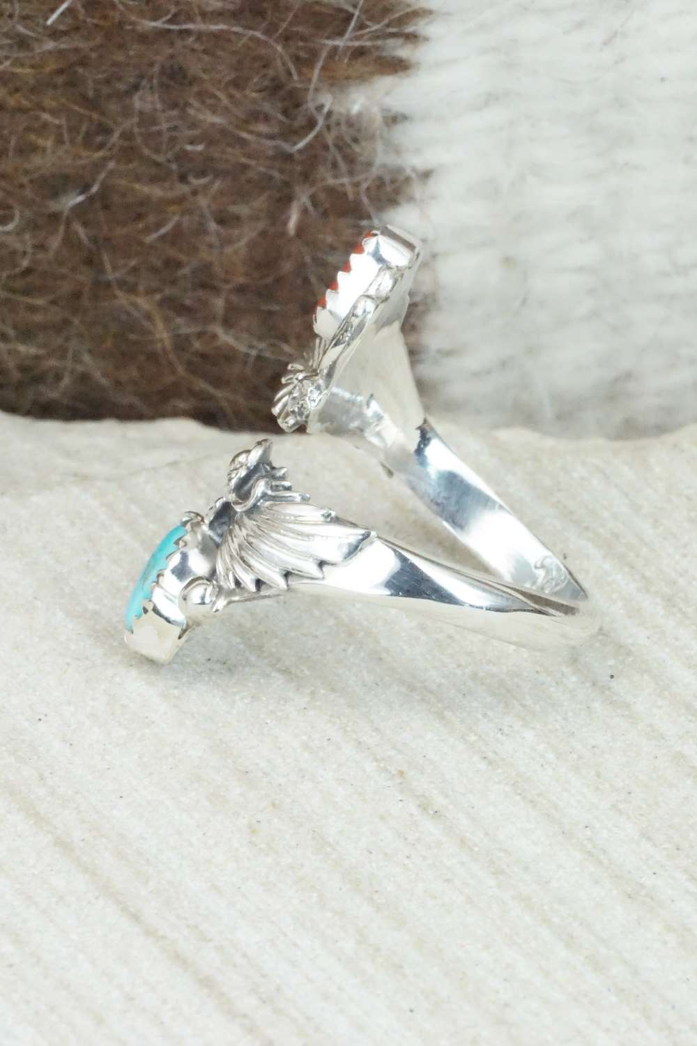 Turquoise, Coral & Sterling Silver Ring - Etta Belin - Size 7.25