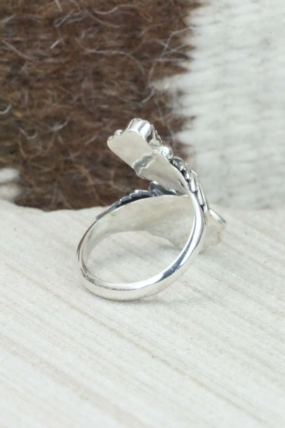 Turquoise, Coral & Sterling Silver Ring - Etta Belin - Size 7.25