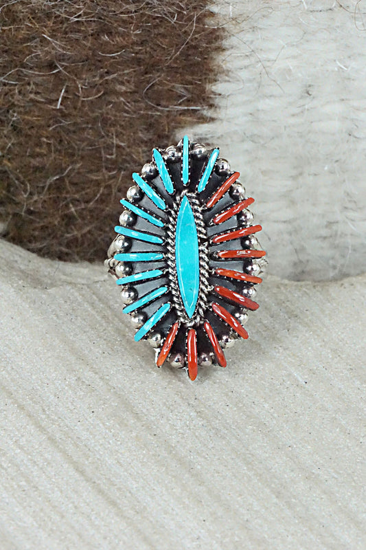 Turquoise, Coral and Sterling Silver Ring - Edmund Cooeyate - Size 6.5