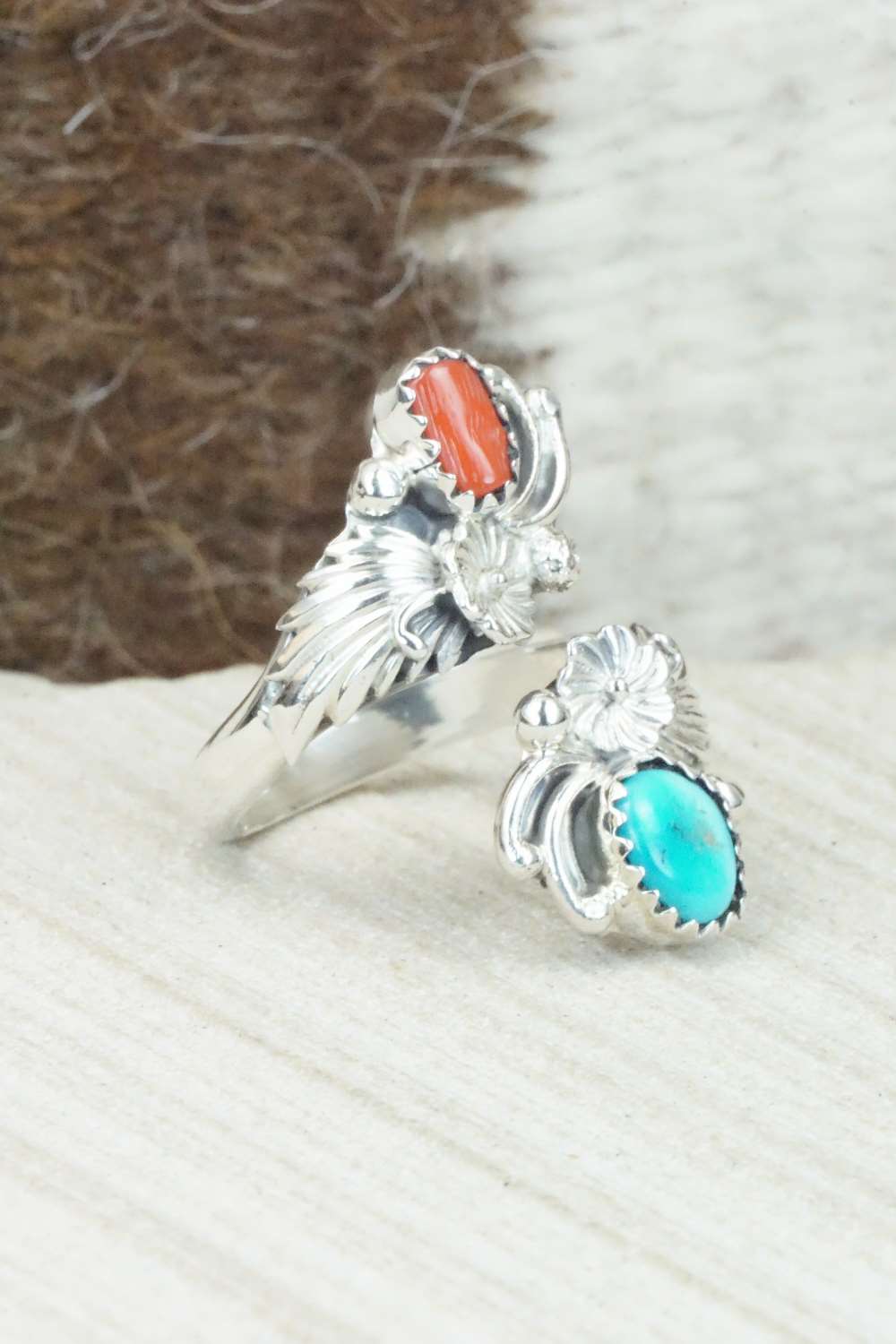 Turquoise, Coral & Sterling Silver Ring - Etta Belin - Size 7.25