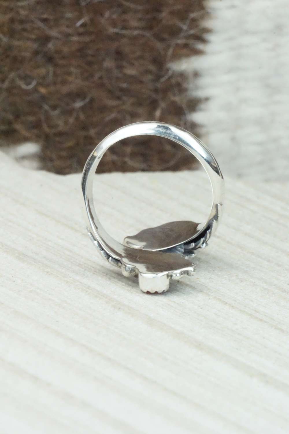 Turquoise, Coral & Sterling Silver Ring - Etta Belin - Size 7.25
