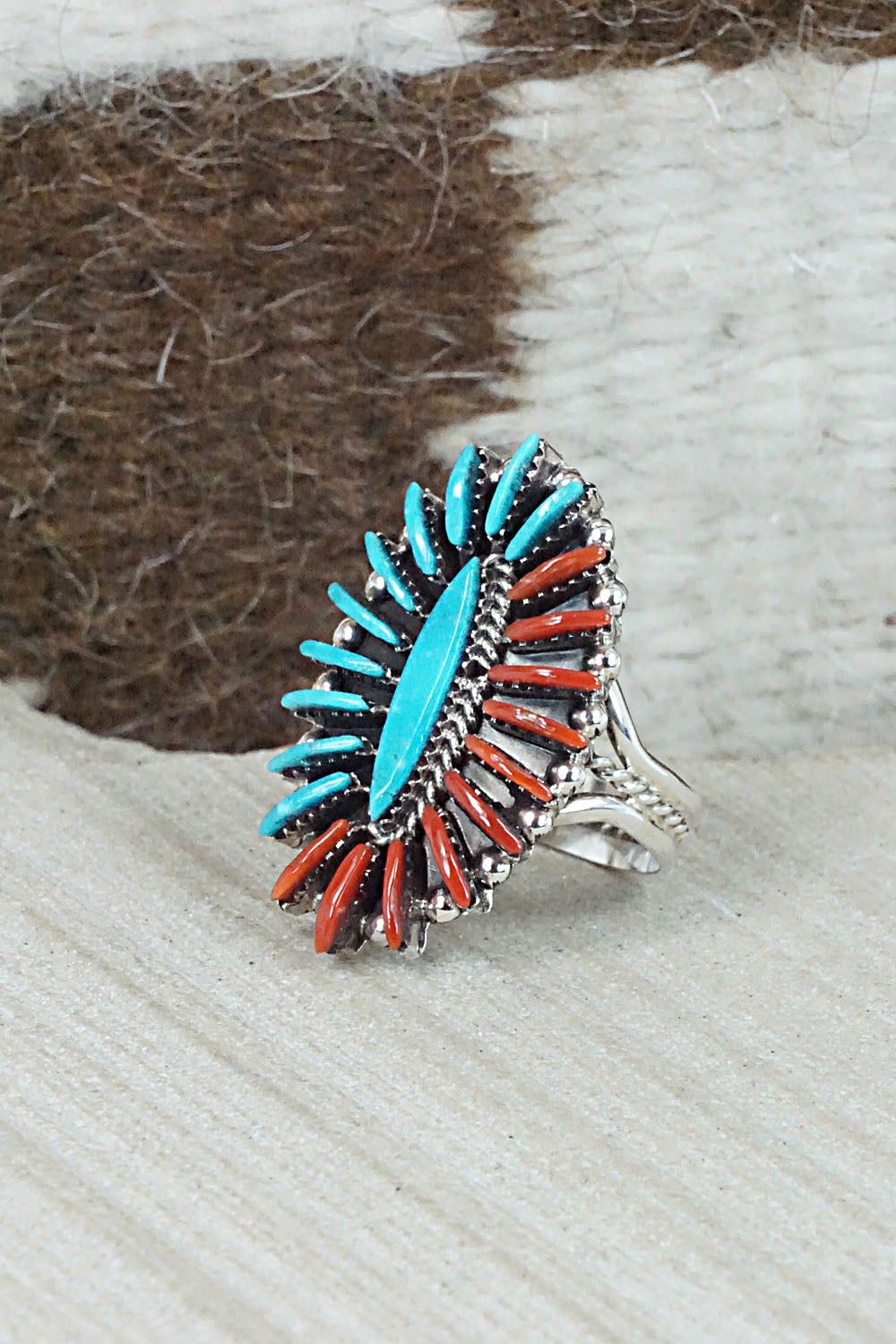 Turquoise, Coral and Sterling Silver Ring - Edmund Cooeyate - Size 6.5
