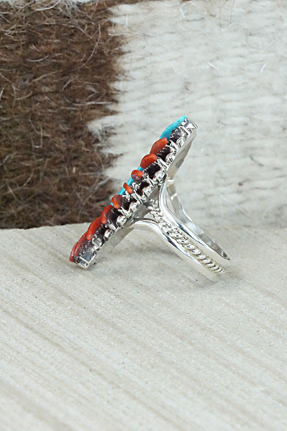 Turquoise, Coral and Sterling Silver Ring - Edmund Cooeyate - Size 6.5