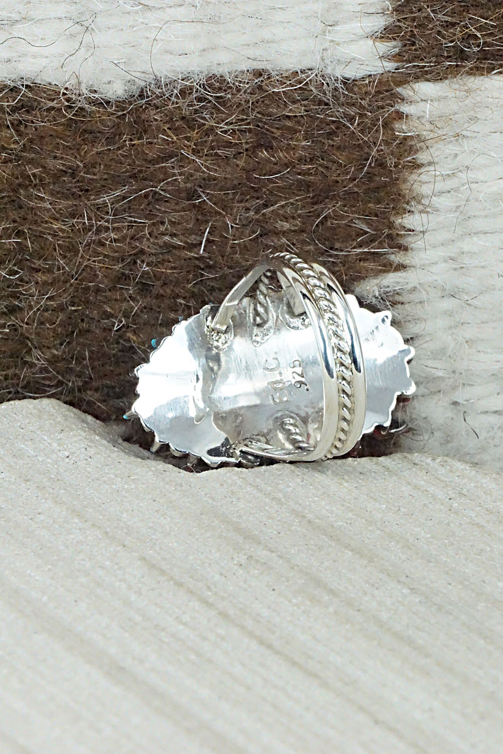 Turquoise, Coral and Sterling Silver Ring - Edmund Cooeyate - Size 6.5